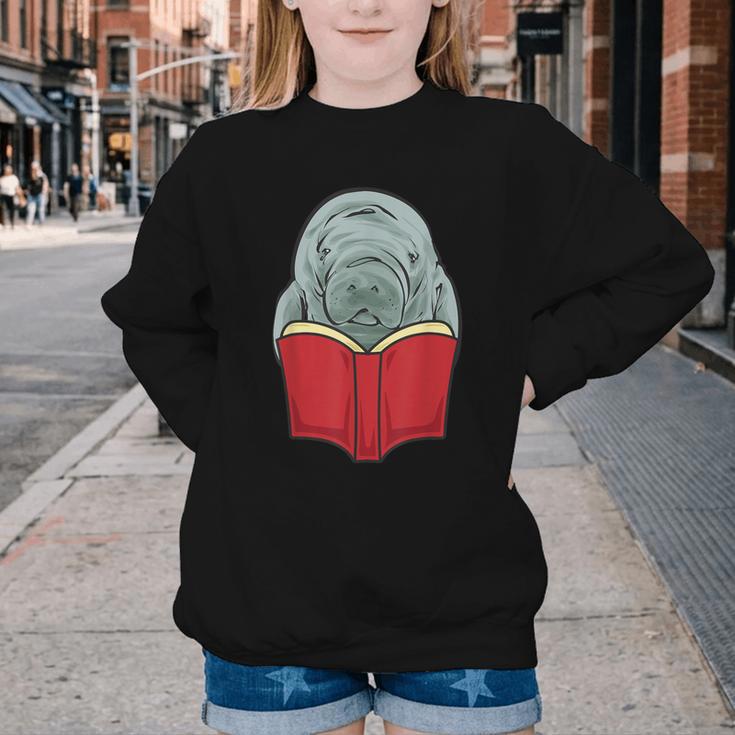 Manatee Reading Books Sea Animal Manatee Youth Crewneck Sweatshirt
