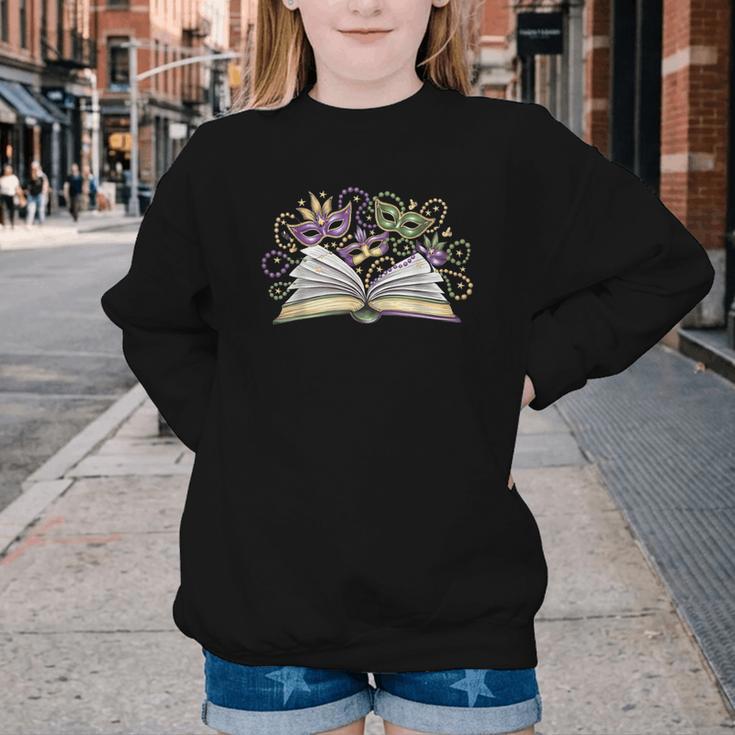 Mardi Gras Book Librarian Author Purple Beads Youth Crewneck Sweatshirt