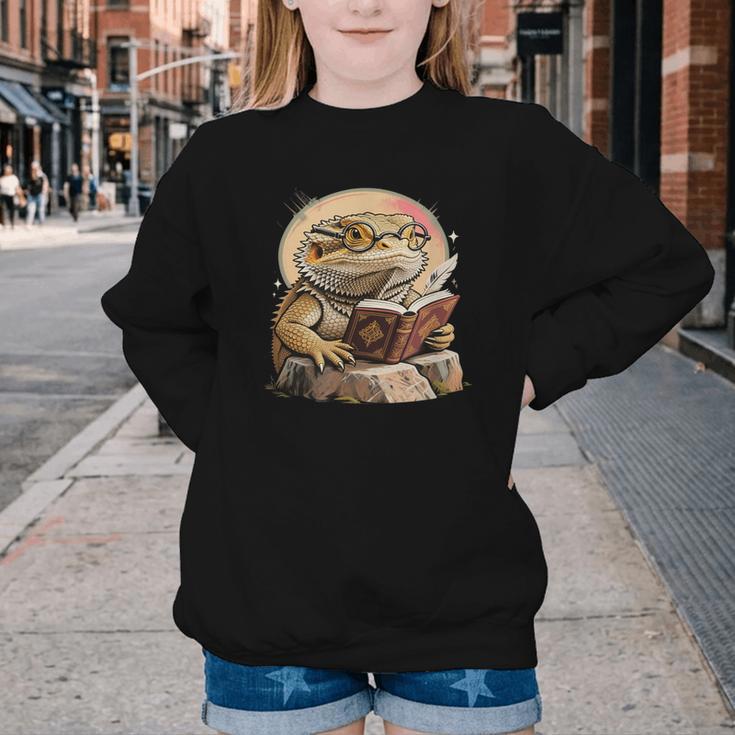 Nerdy Bearded Dragon Glasses Book Reading Youth Crewneck Sweatshirt