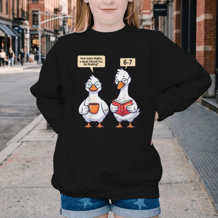 How Many Nights Reading Goose Book Lover Reader Youth Crewneck Sweatshirt