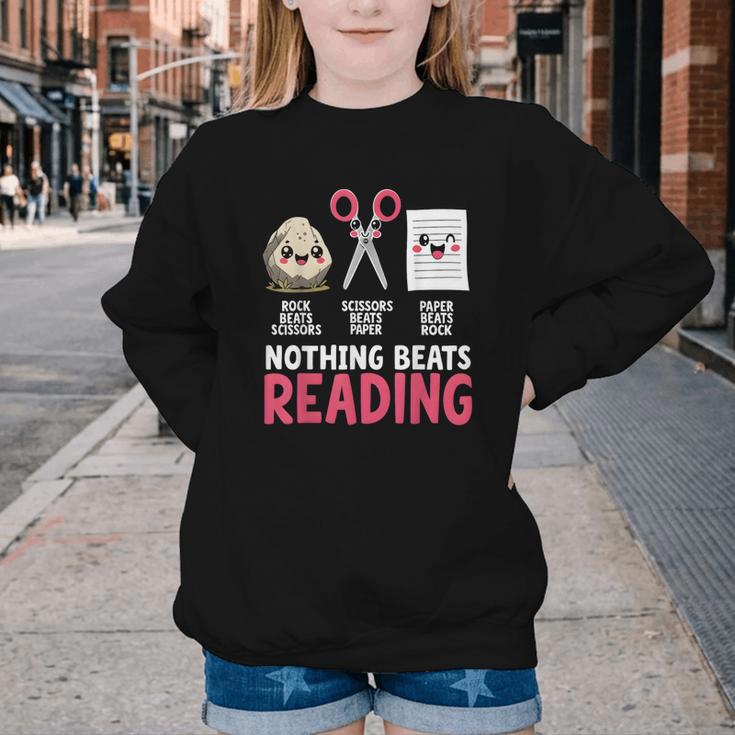 Nothing Beats Reading Rock Paper Scissors Book Lover Library Youth Crewneck Sweatshirt