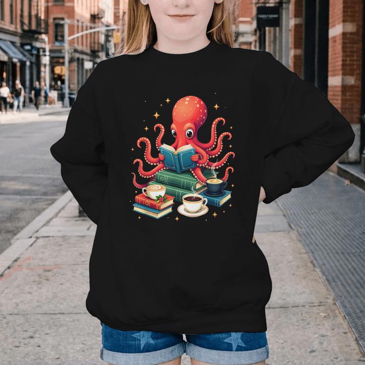 Octopus Reading Books Tea Coffee Youth Crewneck Sweatshirt