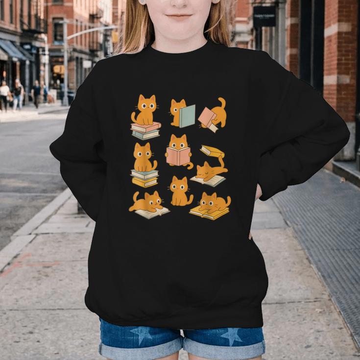Orange Cats Reading Books Cat Lover Youth Crewneck Sweatshirt