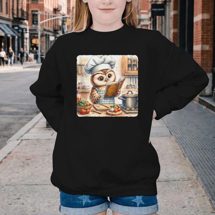 Owl Learning To Cook With Cookbook Chef Apron Stove Cooking Youth Crewneck Sweatshirt