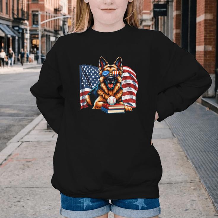 Patriotic German Shepherd Dog Books Baseball American Flag Youth Crewneck Sweatshirt