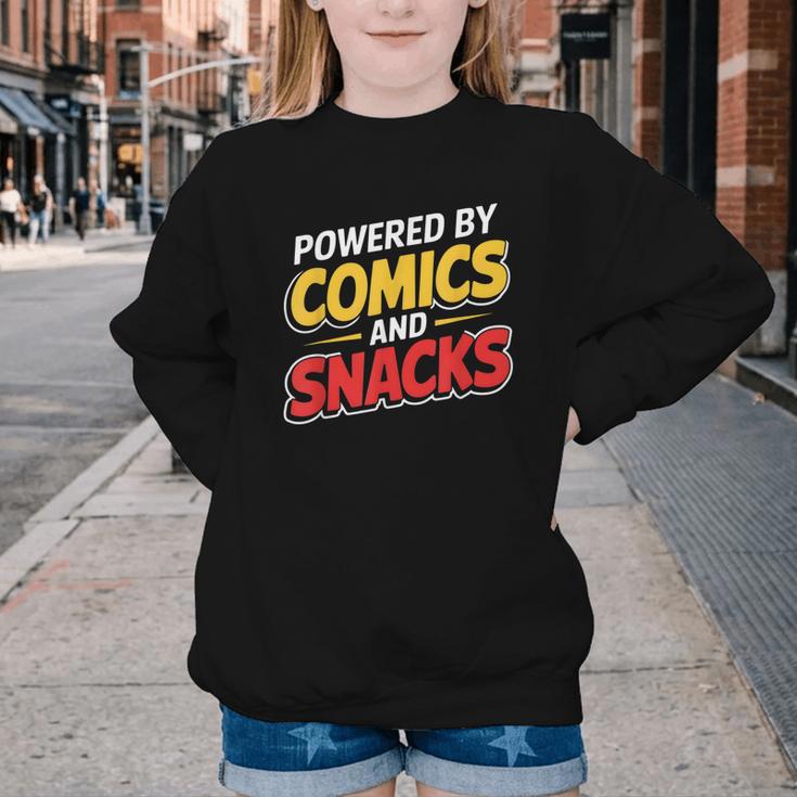 Powered By Comics And Snacks Comic Book Lover Youth Crewneck Sweatshirt