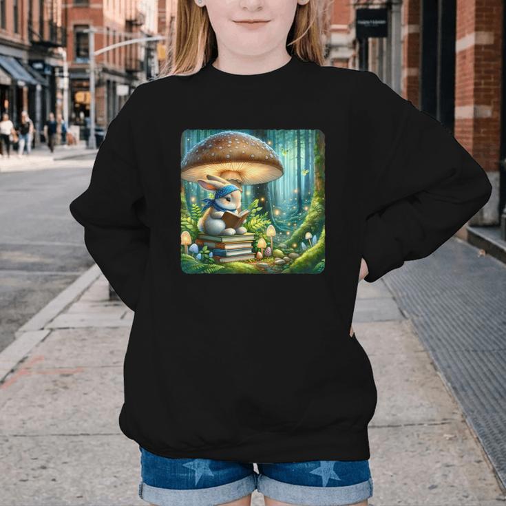 Rabbit Reading Book Under Large Mushroom Easter Bandana Youth Crewneck Sweatshirt
