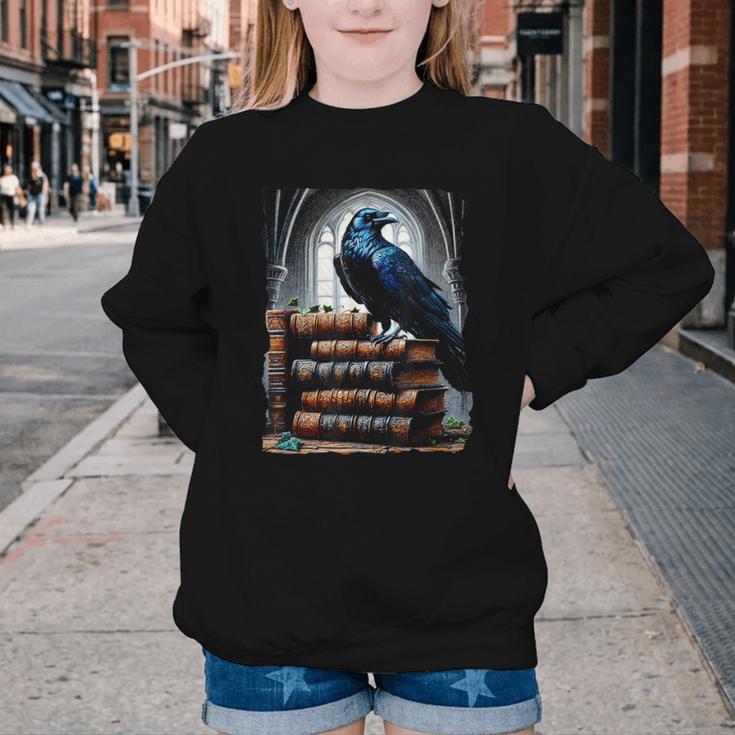 Raven On A Stack Of Books Wisdom Of Odin Youth Crewneck Sweatshirt