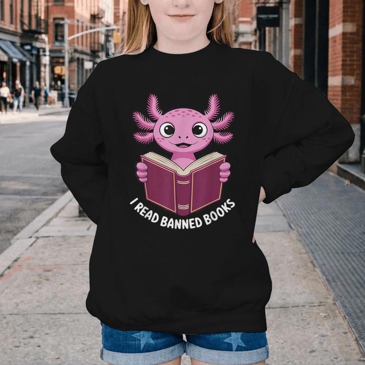 I Read Banned Books Axolotl Reading Youth Crewneck Sweatshirt