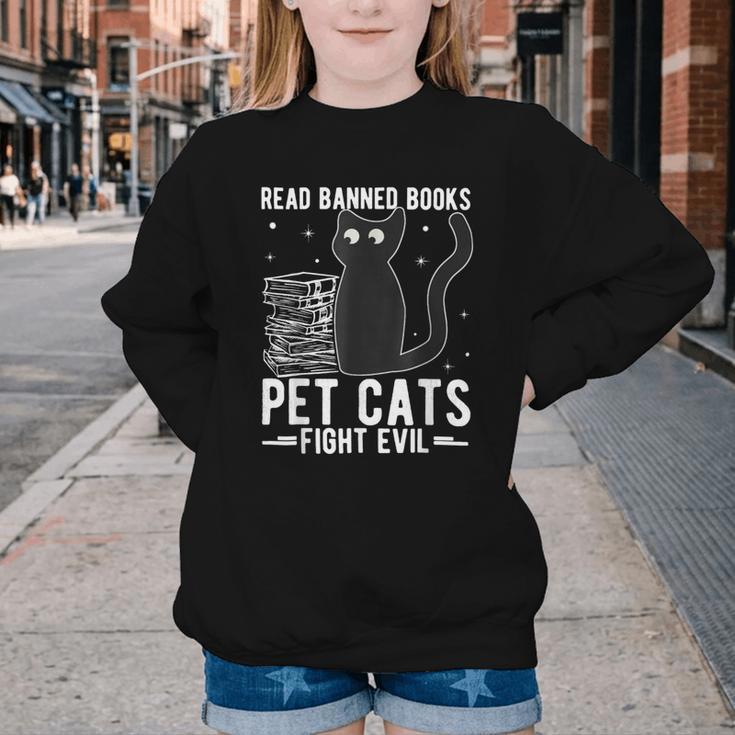 Read Banned Books Pet Cats Fight Evil Read Banned Books Youth Crewneck Sweatshirt