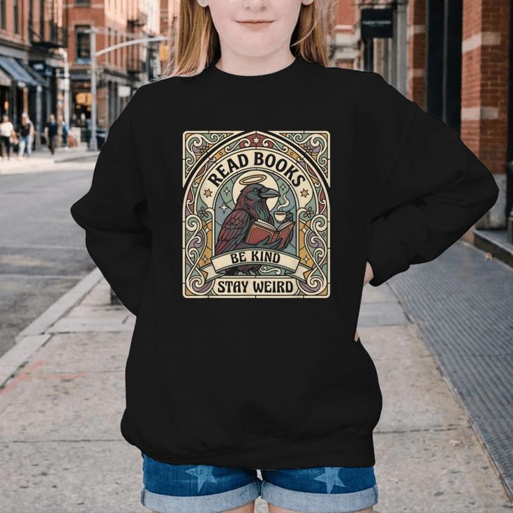Read Books Be Kind Stay Weird Raven Tarot Reading Coffee Youth Crewneck Sweatshirt