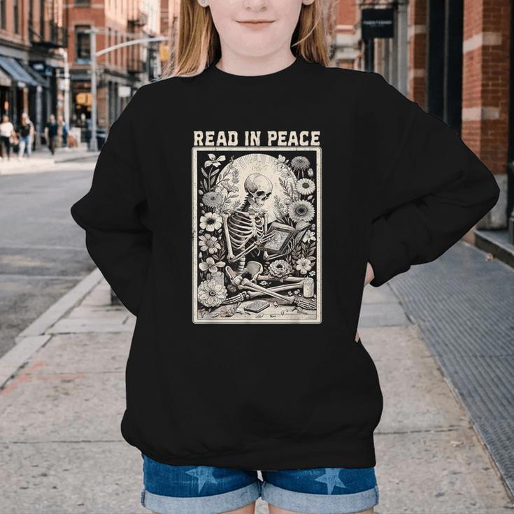 Read In Peace Skeleton Book Lover Bookworm Book Youth Crewneck Sweatshirt