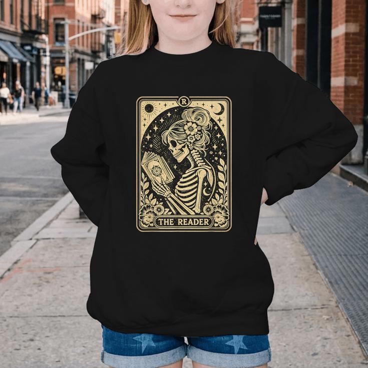 The Reader Tarot Card Book Lover Skeleton Reading Book Youth Crewneck Sweatshirt