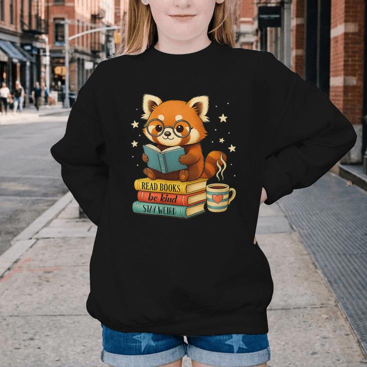 Reading Book Lover Red Panda Read Books Be Kind Stays Weird Youth Crewneck Sweatshirt