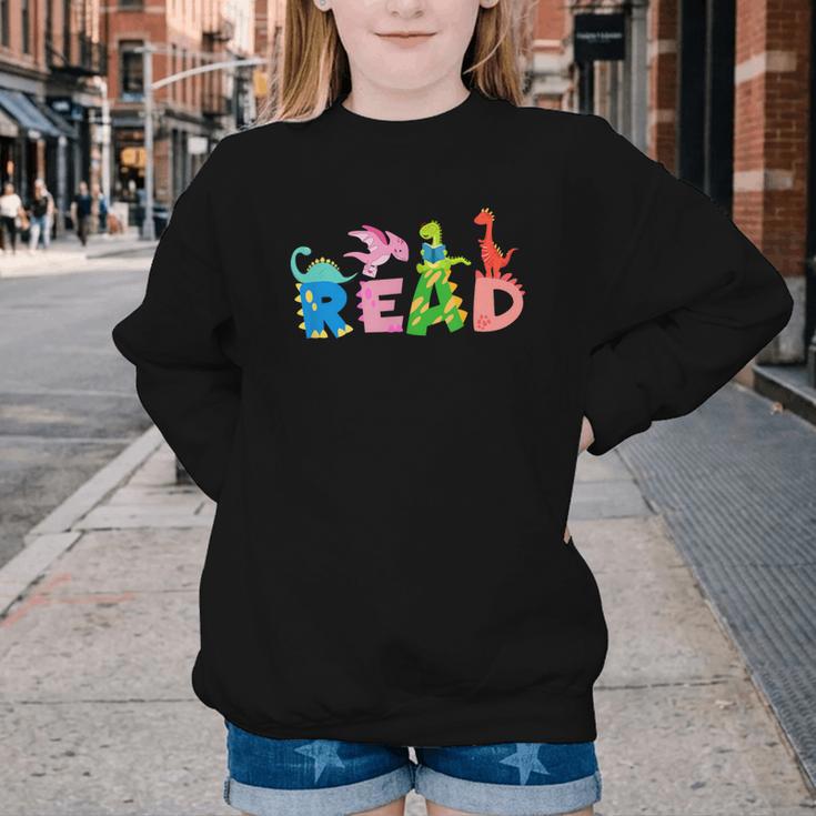 Reading DinosaurRex Dino Book Lover Youth Crewneck Sweatshirt
