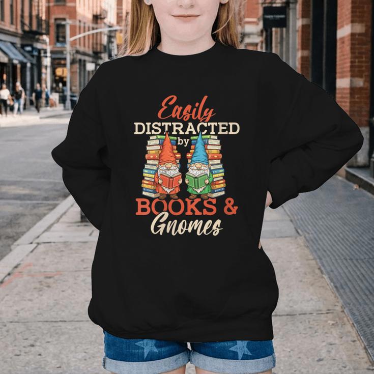 Reading Gnomes Cute Easily Distracted By Books And Gnomes Youth Crewneck Sweatshirt