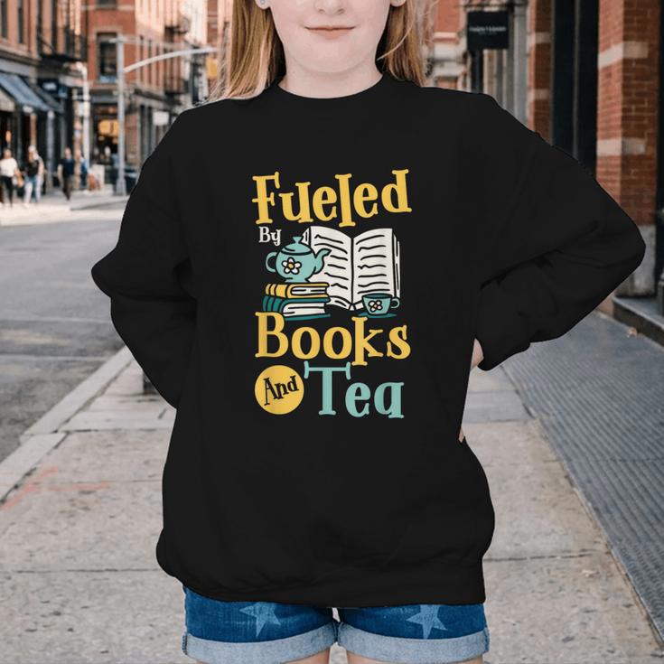Reading Hobby Bookshelves Library Fueled By Books And Tea Youth Crewneck Sweatshirt