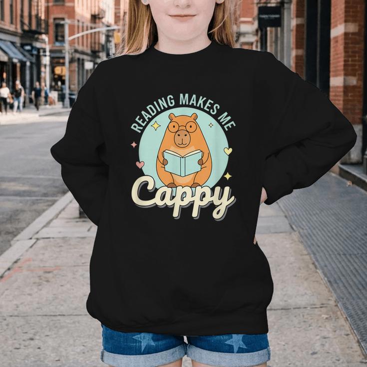 Reading Makes Me Cappy Bookworm Capybara Book Reading Youth Crewneck Sweatshirt