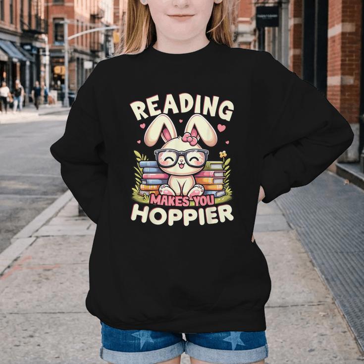 Reading Makes You Hoppier Bunny Book Fans Toddler Kid Youth Crewneck Sweatshirt Reading Makes You Hoppier Bunny Book Fans Toddler Kid Youth Crewneck Sweatshirt
