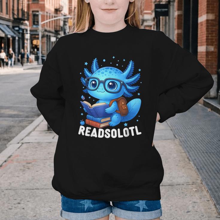 Readsolotl Blue Kawaii Axolotl Book Lover Reading Youth Crewneck Sweatshirt