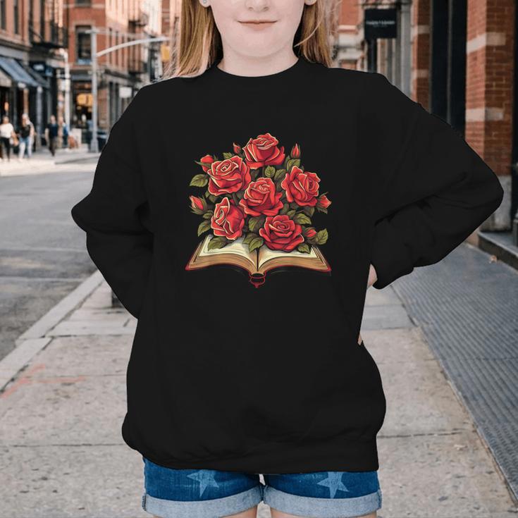 Red Roses Flowers Book Floral Youth Crewneck Sweatshirt Red Roses Flowers Book Floral Youth Crewneck Sweatshirt