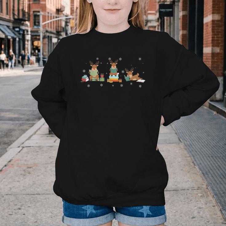 Reindeer Reading Books Christmas Library Classroom Youth Crewneck Sweatshirt