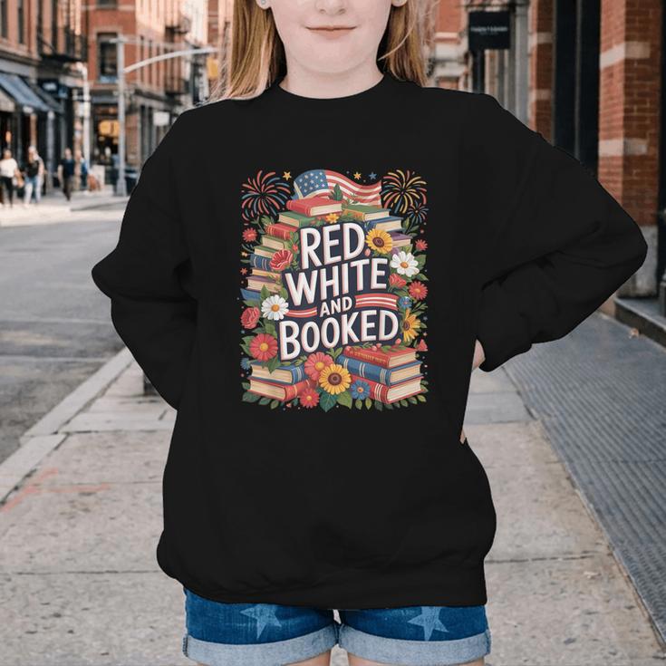 Retro Floral Red & Booked Library Reading 4th Of July Youth Crewneck Sweatshirt