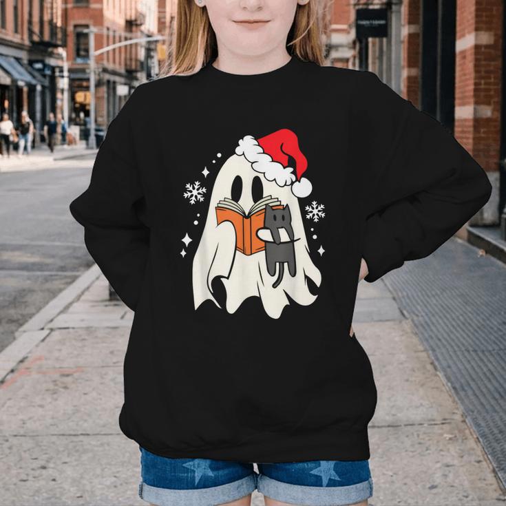 Retro Ghost Reading Book With Cat Bookish Club Christmas Men Women Kids Youth Crewneck Sweatshirt