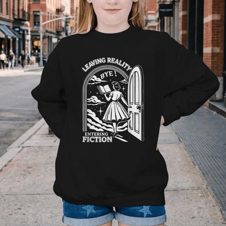 Retro Trendy Bookish Book Lover Reading Quotes Leaving Reality Entering Fiction -Adults Small Short Sleeve T-Shirt Youth Crewneck Sweatshirt