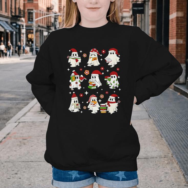 Santa Ghost Reading Books Christmas Library Teacher Youth Crewneck Sweatshirt