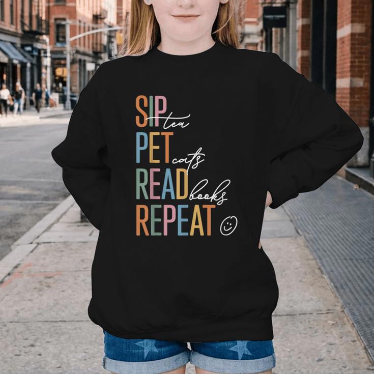 Sip Tea Pet Cats Read Books Repeat Book Cat Lover Youth Crewneck Sweatshirt Sip Tea Pet Cats Read Books Repeat Book Cat Lover Youth Crewneck Sweatshirt