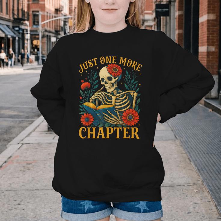 Skeleton Read Book Just One More Chapter Floral Book Lover Youth Crewneck Sweatshirt