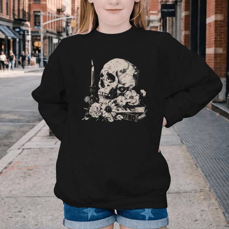 Skull Books Flowers Goth Reader Grunge Dark Alt Aesthetic Youth Crewneck Sweatshirt