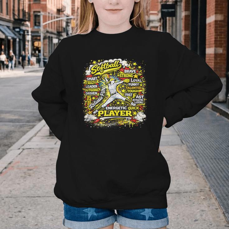 Softball Pitcher Best Traits Brave Retro Pop Comic Book Art Youth Crewneck Sweatshirt