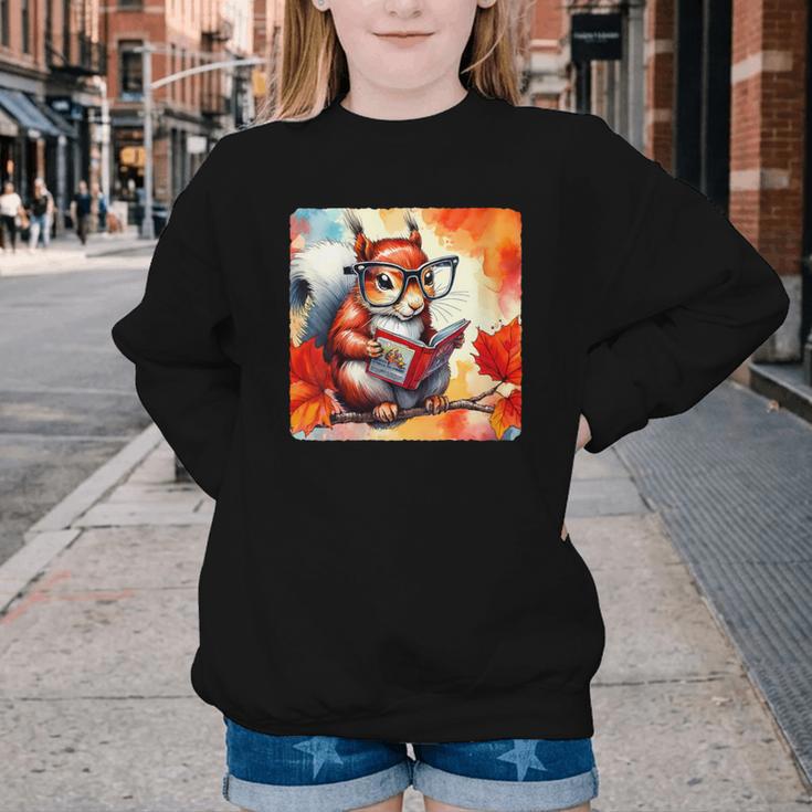 Squirrel Reading Comic Book On Autumn Branch Glasses Leaves Youth Crewneck Sweatshirt Squirrel Reading Comic Book On Autumn Branch Glasses Leaves Youth Crewneck Sweatshirt
