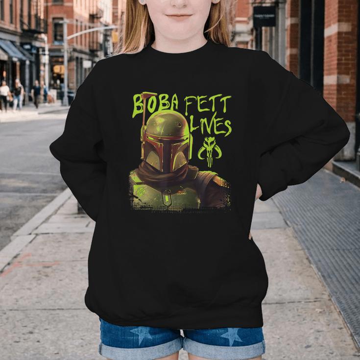 Star Wars The Book Of Boba Fett Neon Boba Fett Lives Poster Youth Crewneck Sweatshirt