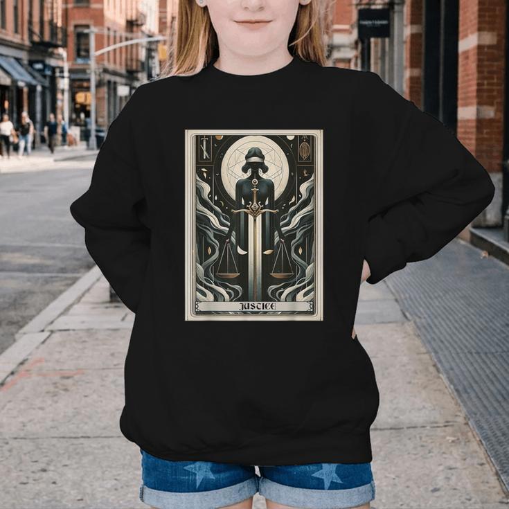 Tarot Cards Guide Book Esoteric Mysticism Clothing Tarot Card Justice Youth Crewneck Sweatshirt Tarot Cards Guide Book Esoteric Mysticism Clothing Tarot Card Justice Youth Crewneck Sweatshirt