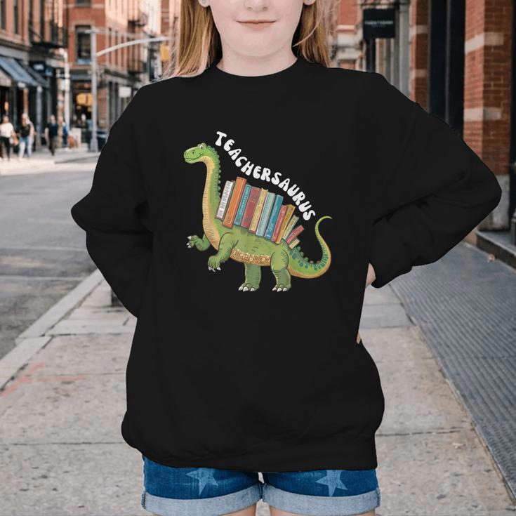 Teachersaurus Dinosaur Teachers Dino Reading Book Librarian Youth Crewneck Sweatshirt