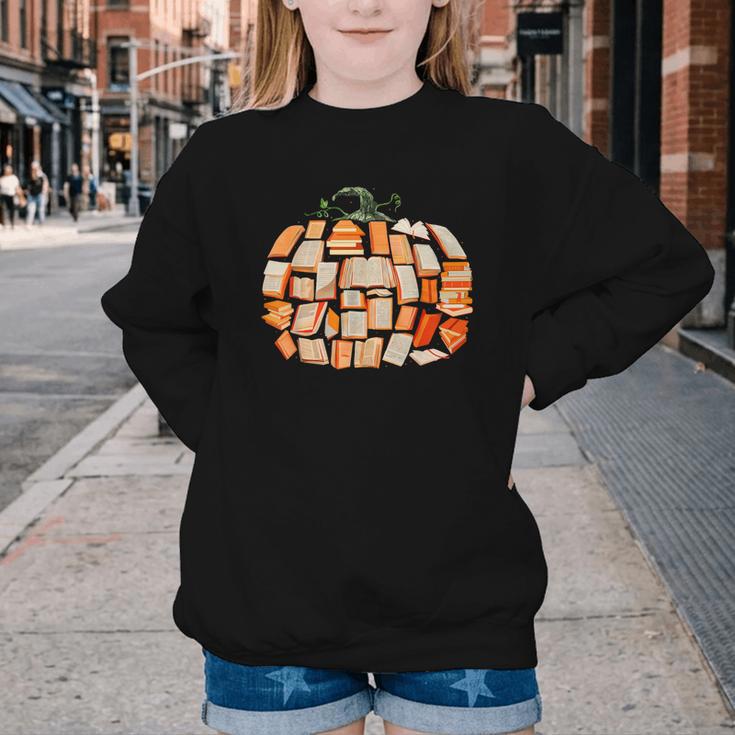 Thanksgiving Fall Books Pumpkins Vintage Library Teacher Kid Youth Crewneck Sweatshirt
