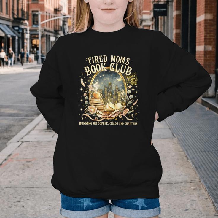 Tired Moms Book Club Cozy Night Coffee Reading Cat Youth Crewneck Sweatshirt