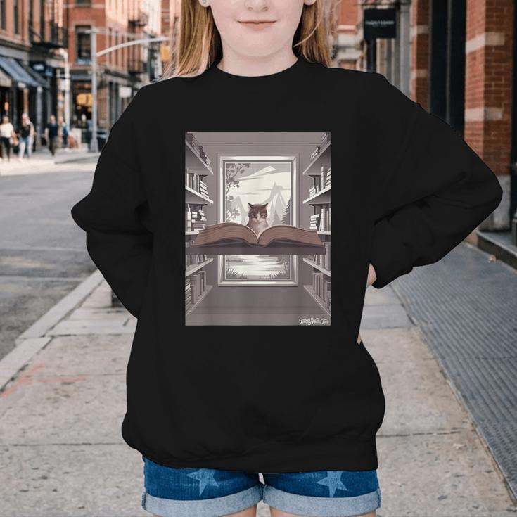 Totally Weird Tees Cat Library Book Reading Literary Youth Crewneck Sweatshirt