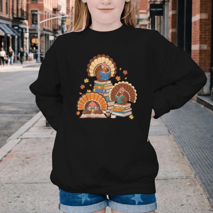 Turkey Read Books Reading Fall Thanksgiving Teacher Youth Crewneck Sweatshirt