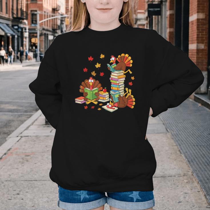 Turkey Reading Books Fall Librarian Book Lover Teacher Kids Youth Crewneck Sweatshirt