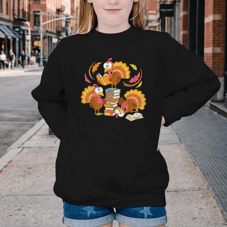Turkey Reading Books Fall Thanksgiving Teacher Librarian Youth Crewneck Sweatshirt Turkey Reading Books Fall Thanksgiving Teacher Librarian Youth Crewneck Sweatshirt