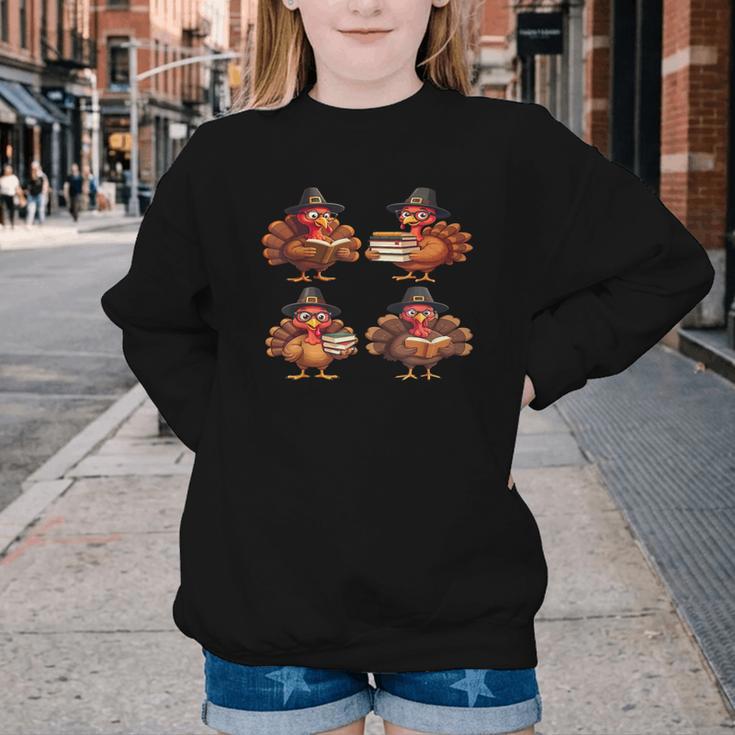 Turkey Reading Books Shirt Thanksgiving Turkey Bookworm Youth Crewneck Sweatshirt