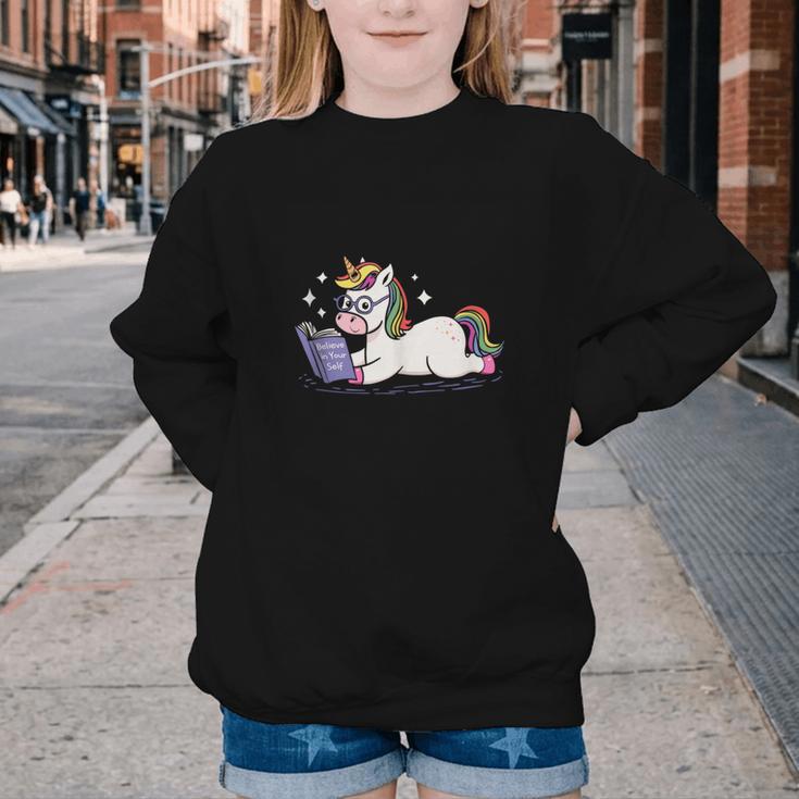 Unicorn Bookworm Believe In Yourself Cute And Inspirational Youth Crewneck Sweatshirt