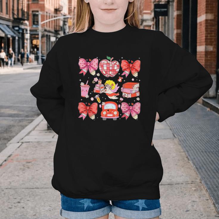 Valentine Cupid Coquette Pink Bow Apple Books Teacher Youth Crewneck Sweatshirt