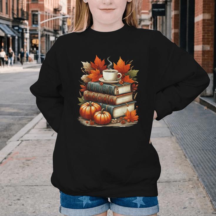 Vintage Autumn Books Coffee Pumpkin Fall Reading Youth Crewneck Sweatshirt