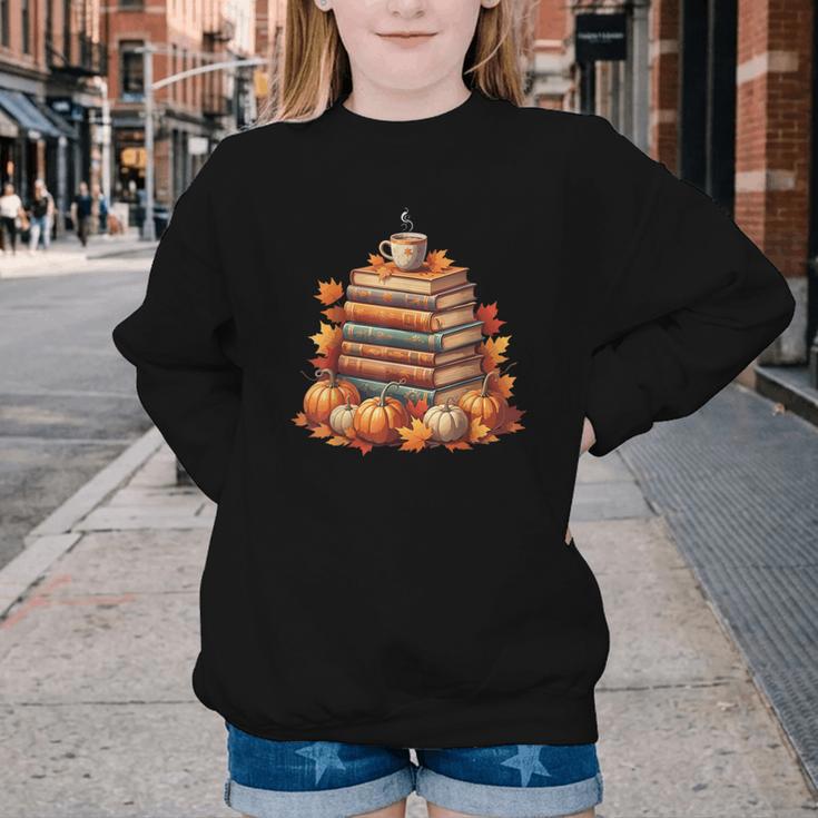 Vintage Autumn Books Pumpkin Coffee Book Lover Reading Youth Crewneck Sweatshirt