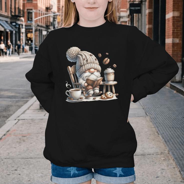 Vintage Cute Gnome Reading Book Coffee Cute Gnome Graphic Youth Crewneck Sweatshirt